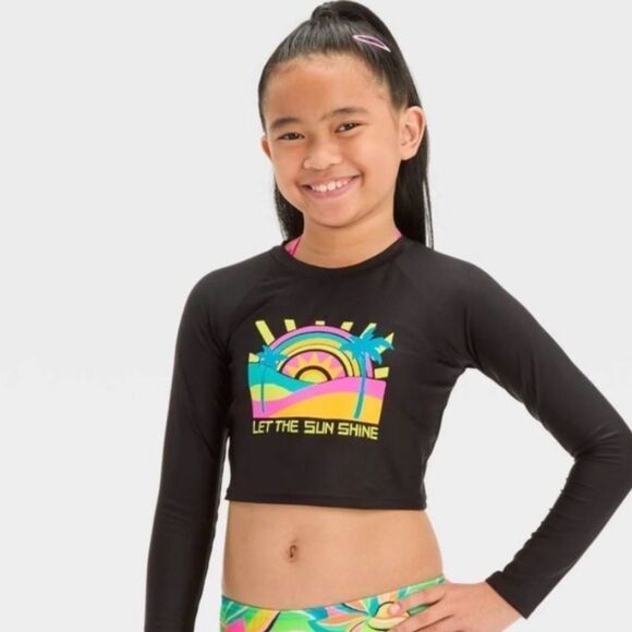 NWT Cat & Jack XS (4/5) Girl’s Tropic Sunset Rash Guard Tropical Cropped Top - Picture 1 of 4